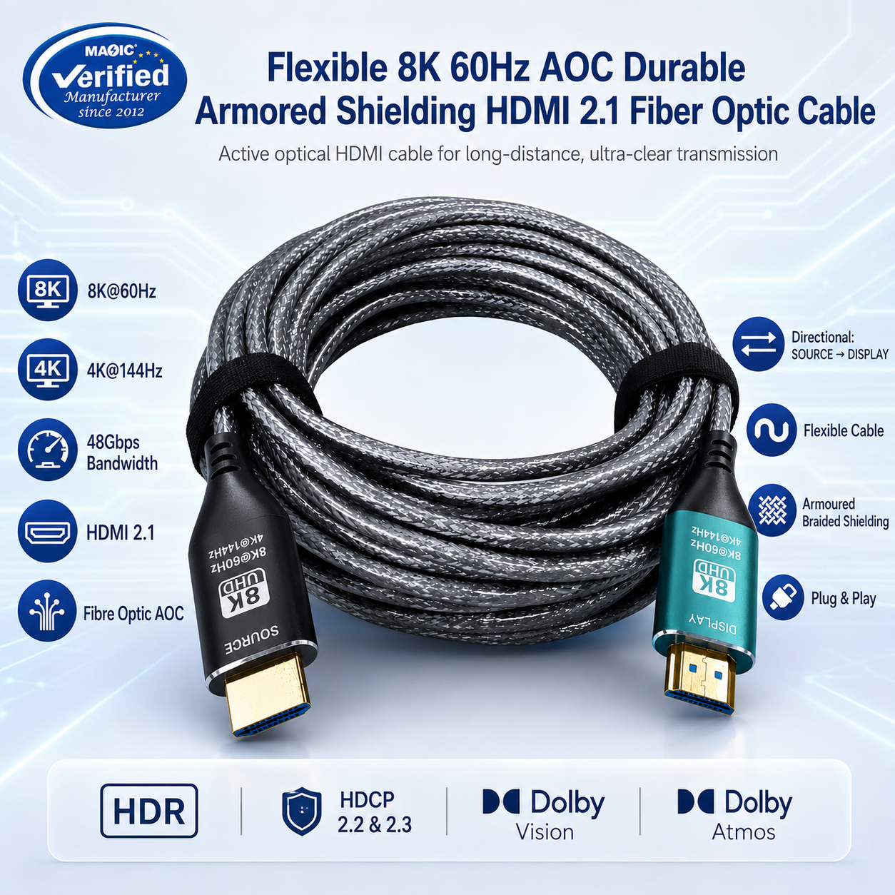 8K@60Hz HDMI 2.1 AOC Fibre Optic Cable – 4K@144Hz, 48Gbps, Armoured