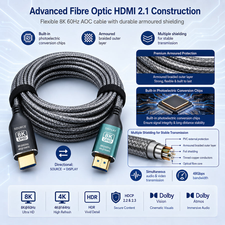 Armoured HDMI 2.1 fibre optic cable for 8K displays and CCTV
