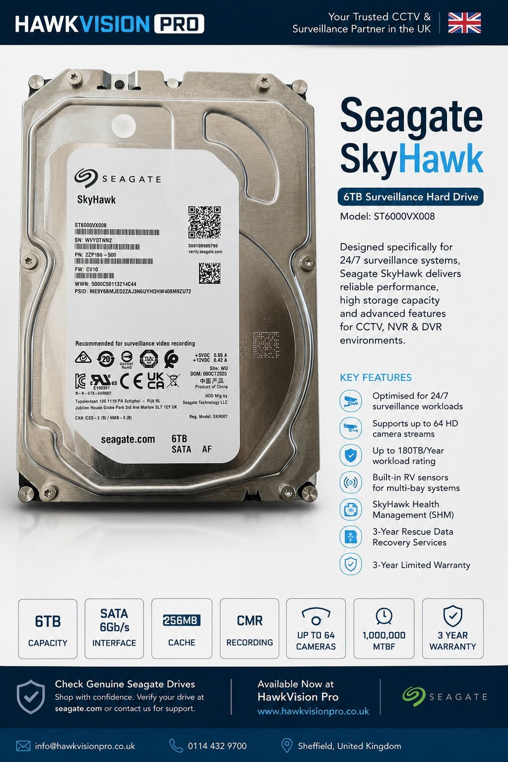 Seagate SkyHawk 6TB Surveillance Harms – 24/7 Recording, 256mb, for 64 Camera Support, Data Recovery Service Included (ST6000VXZ09)