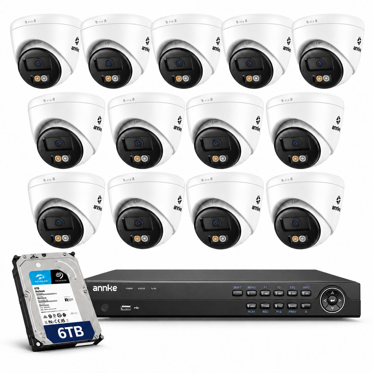 ANNKE 4K CCTV kit with thirteen I91DS cameras, N96PBH 16-channel PoE NVR and 6TB Seagate SkyHawk hard drive