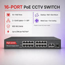 JHJ014-K 16-port PoE CCTV switch technical specifications, uplinks, SFP, mounting and cooling
